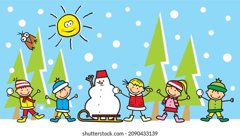 Five little kids with snowman, winter leisure activities, cute vector illustration