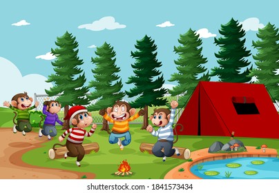 Five little monkey jumping in the park scene illustration