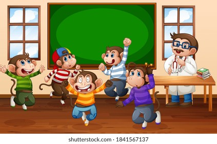 Five little monkeys jumping in the classroom with a doctor illustration