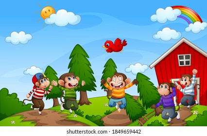 Five little monkeys jumping in the farm illustration