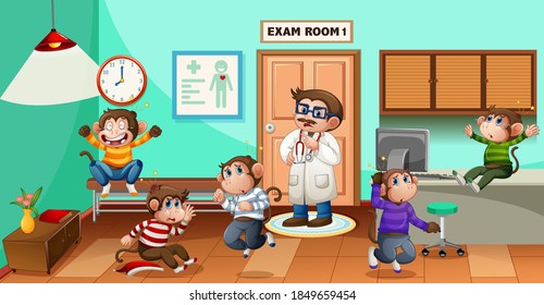 Five little monkeys jumping in the hospital with a doctor illustration