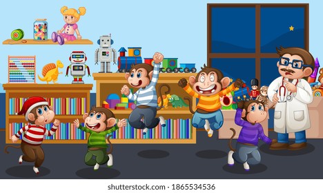 Five little monkeys jumping in the living room with a doctor illustration
