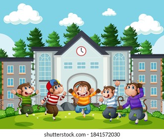 Five little monkeys jumping in the park playground scene illustration