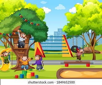 Cinco pequeños monos saltando en la ilustración del parque