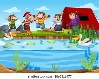 Five little monkeys jumping in the park scene illustration