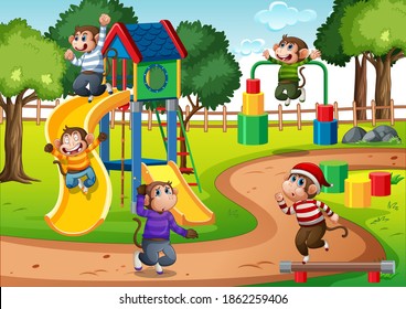 Five little monkeys jumping in the park playground scene illustration