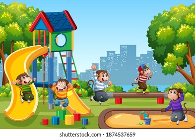 Five little monkeys jumping in the park playground scene illustration