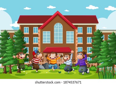 Five little monkeys jumping in the park school scene illustration
