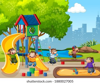 Five little monkeys jumping in the park playground scene illustration