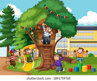 Cinco pequeños monos saltando en la ilustración del parque