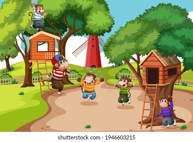 Five little monkeys jumping in the park playground scene illustration