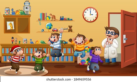 Five little monkeys jumping in the room scene with a doctor illustration