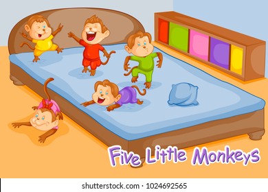 Five Little Monkeys, Kids English Nursery Rhymes book illustration in vector