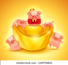 Five little pigs with chinese gold ingot. Greetings from the golden pig. Poster design. 