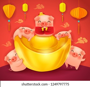 Five little pigs with chinese gold ingot. Greetings from the golden pig. Poster design. Five little pigs with chinese gold ingot. Greetings from the golden pig. Poster design.