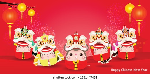 five little rats and lion dance, Happy new year 2020 year of the rat zodiac, Cartoon isolated vector illustration, greeting card red color on Background, Translation: Happy New Year.
