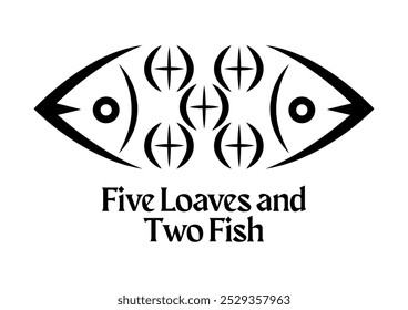 Five loaves and two fishes icon, graphic, symbol, vector illustration. Food from the Bible