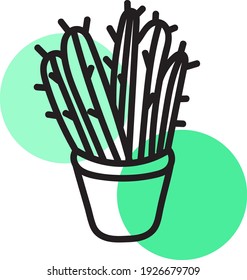 Cinco cactus largos en una olla, ilustración, vector sobre fondo blanco.