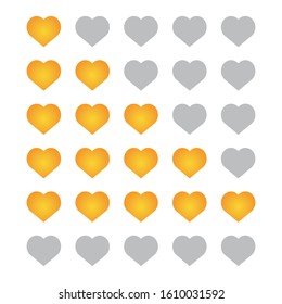 Five love rating icon set. yellow love review icon set isolated on a white background