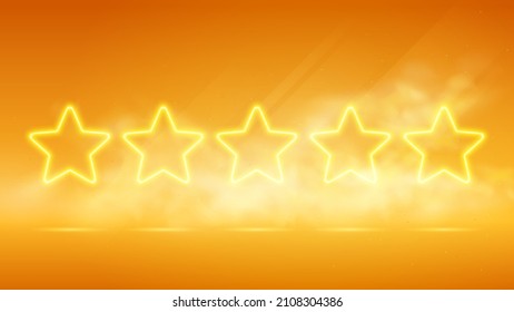 Five luminous yellow stars, banner showing the best quality and product rating rated by users, futuristic technology with orange  neon glow in the smoke, vector business background