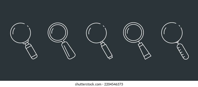 Five magnifying glass icons on dark background, vector eps10 illustration