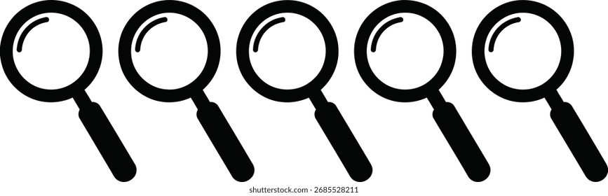 Five magnifying glasses are arranged in a row.