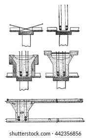 The five main periods of drawing up a floor, Hennebique system, vintage engraved illustration. Industrial encyclopedia E.-O. Lami - 1875.