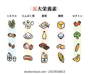 Five major nutrients illustration set.
Title: "The Five Major Nutrients"

From left to right: "Minerals," "Proteins," "Fats," "Carbohydrates," and "Vitamins."

Written in Japanese.