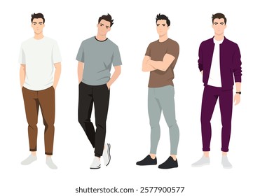 Five male figures in casual and sporty attire, each in a unique pose, showcasing modern fashion.