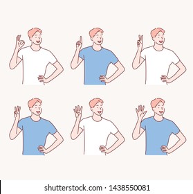 Five male hands raise up, in fist, one finger, two, three, four, and all five fingers pointing up. Hand drawn style vector design illustrations.