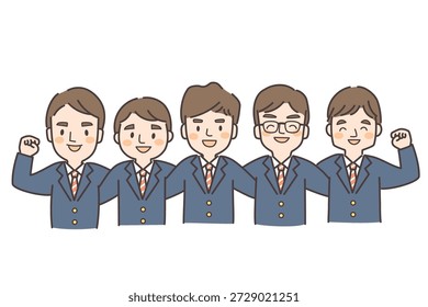 Cinco estudiantes varones de secundaria vestidos con uniformes posan triunfalmente con los brazos alrededor de los hombros.