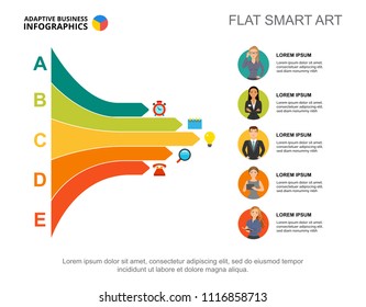 Five managers process chart template for presentation. Business data. Abstract elements of diagram, graphic. Team, economy, management or teamwork creative concept for infographic, project.