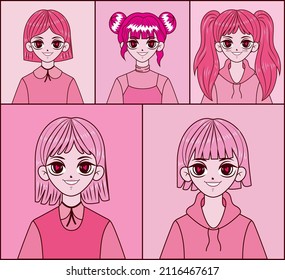 five manga frames of girls