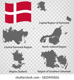 Five Maps Regions of Denmark  - alphabetical order with name. Every single map of Province are listed and isolated with wordings and titles. Kingdom of Denmark. EPS 10