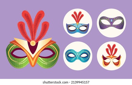 five mardi gras set masks