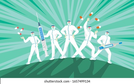 Five medical staff in protective clothing. Using medical equipment to fight the epidemic. Concept of Covid-19 prevention. Vector flat illustration.