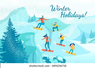 Five Membered Active Family, Mom, Dad, Two Daughters and Son, Riding from Top Snowy Hill on Snowboards, Spending Time Together Outdoors and Enjoying Cold Days. Winter Holidays Banner.