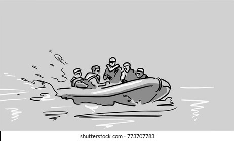 
Five men in a boat. Black and white vector sketch. Simple drawing.