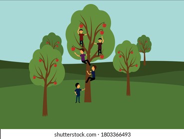five men climb on one apple tree to get apples and ignore another four apple trees