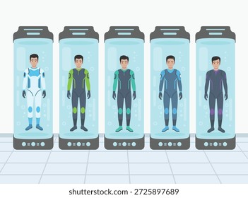 five men in colorful futuristic sci fi suits standing inside vertical cryogenic glass pods. Concept for human hibernation, space travel, or genetic cloning in a laboratory setting