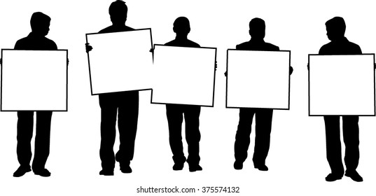 Five men standing and holding big banner cards. Vector silhouette of five men with white sign,banner card