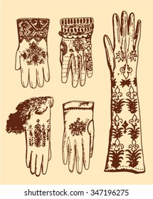 five men's gloves various styles and different times on a beige background