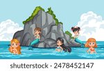 Five mermaids swimming near a rocky island