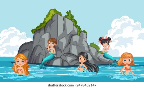 Five mermaids swimming near a rocky island