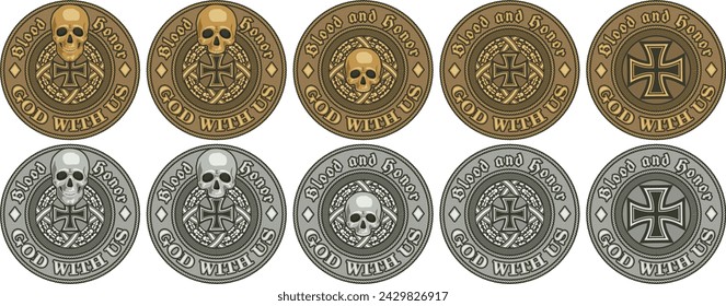 Five Metal Seals, Coins or Belt Buckles with a Skull and Iron Cross in Gold and Silver