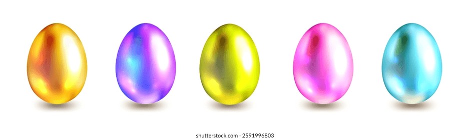 Five metallic eggs in vibrant hues including gold, purple, yellow, pink, and blue set against a clean white background. Perfect for celebrating joyful occasions.