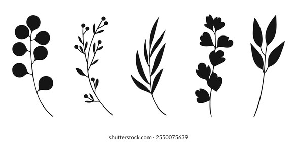 Five minimalist black floral silhouettes on a white background. Perfect for invitations, cards, and more!