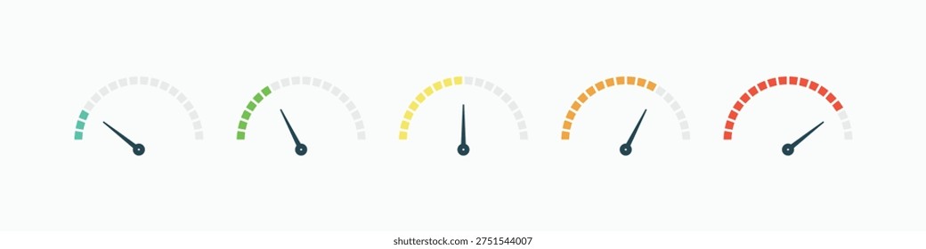 Five minimalist progress indicators arranged horizontally. Each shows a different level of completion with color gradient. Green to red tones signify increasing intensity or value