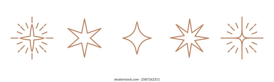 Five minimalist star icons in a linear style. The star icons feature varied designs, each star icon outlined in a simple, elegant manner. Doodle illustrations, vector set.