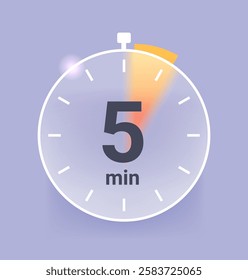 Five minutes clock icon in glass morphism style. Time vector symbol illustration